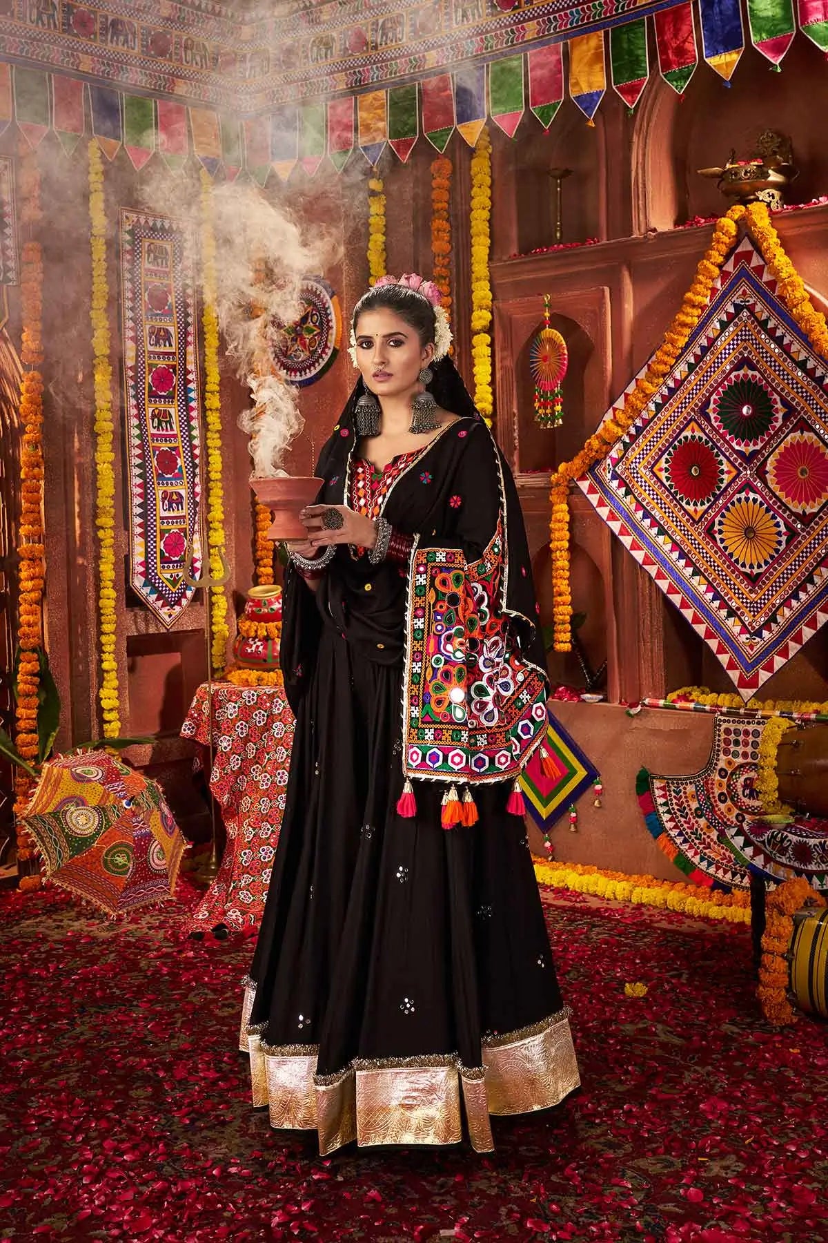 Designer Black Navratri Lehenga With Thread Mirror And Kodi Work