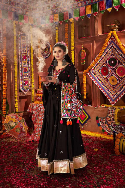 Designer Black Navratri Lehenga With Thread Mirror And Kodi Work