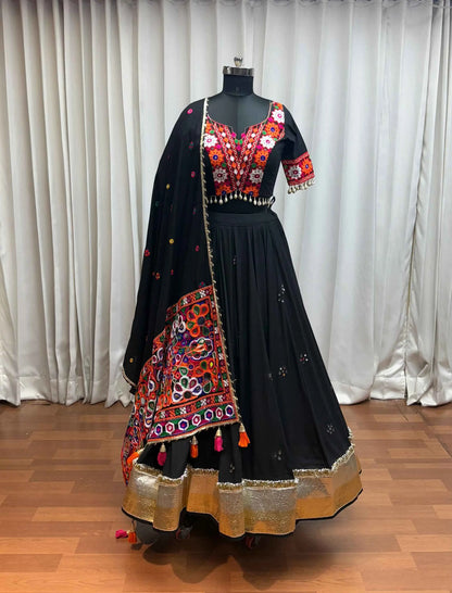Designer Black Navratri Lehenga With Thread Mirror And Kodi Work