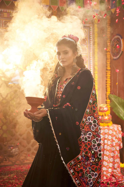 Designer Black Navratri Lehenga With Thread Mirror And Kodi Work