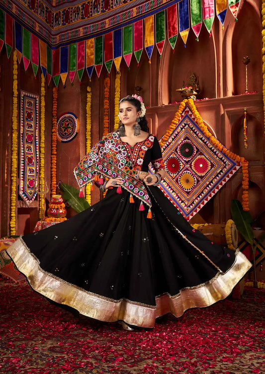 Designer Black Navratri Lehenga With Thread Mirror And Kodi Work