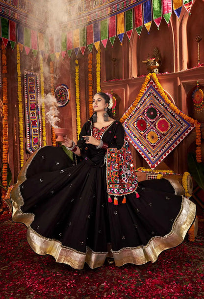 Designer Black Navratri Lehenga With Thread Mirror And Kodi Work