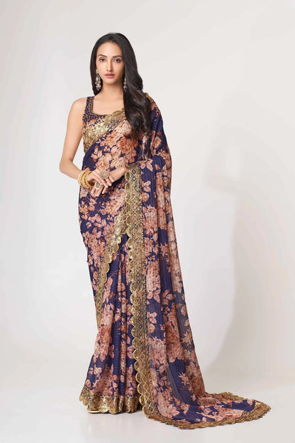 Purple Floral Print Organza Saree With Sequins Work