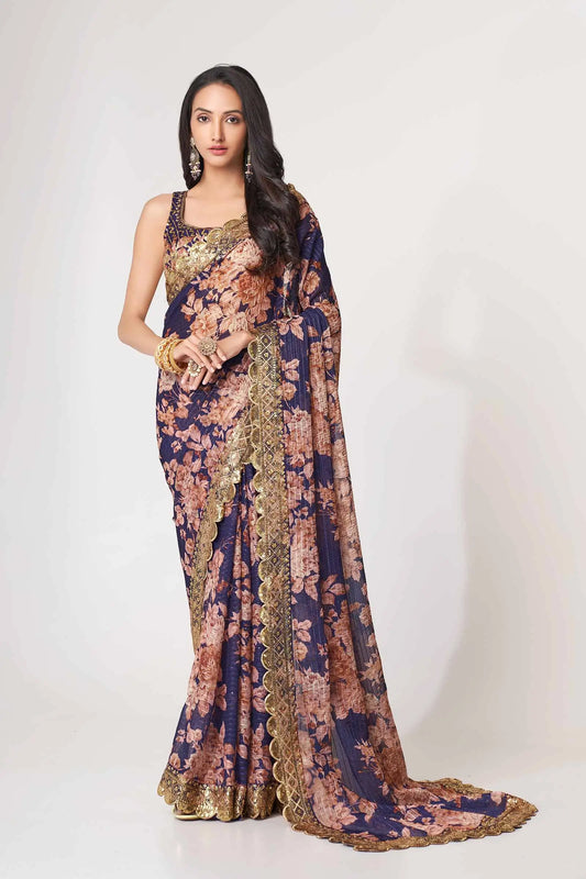 Purple Floral Print Organza Saree With Sequins Work