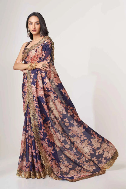 Purple Floral Print Organza Saree With Sequins Work