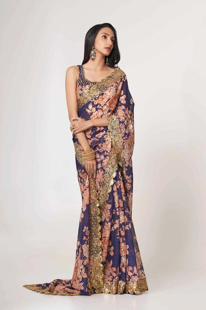 Purple Floral Print Organza Saree With Sequins Work