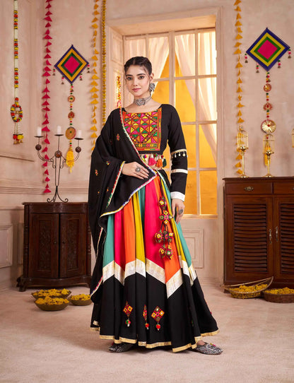 Black With Multi Color Thread Mirror Work Lehenga Choli For Navratri