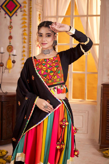 Black With Multi Color Thread Mirror Work Lehenga Choli For Navratri