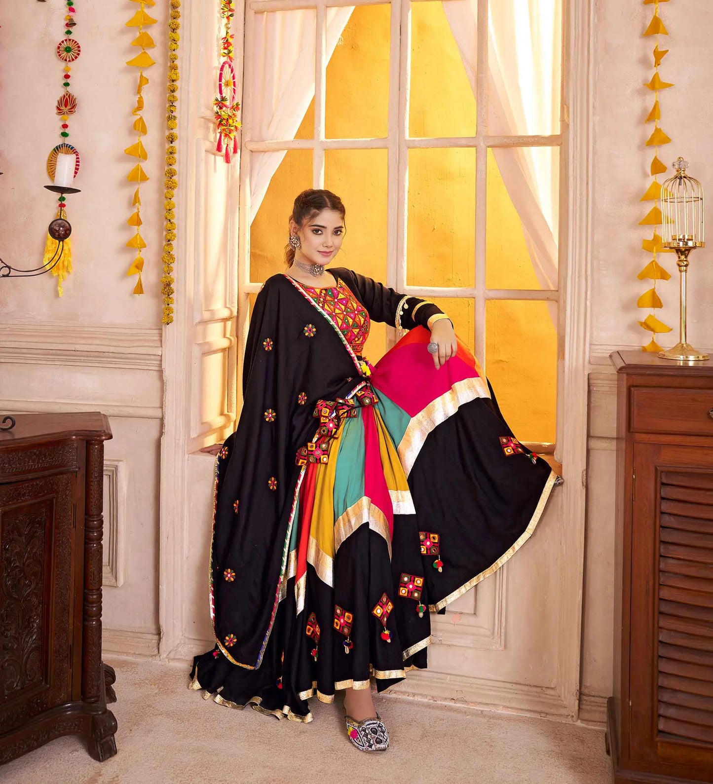 Black With Multi Color Thread Mirror Work Lehenga Choli For Navratri