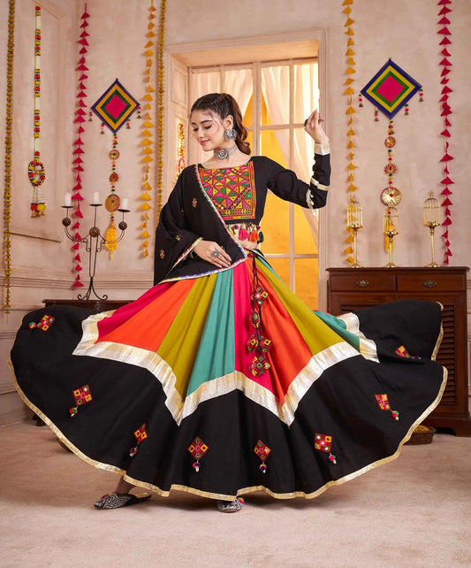 Black With Multi Color Thread Mirror Work Lehenga Choli For Navratri