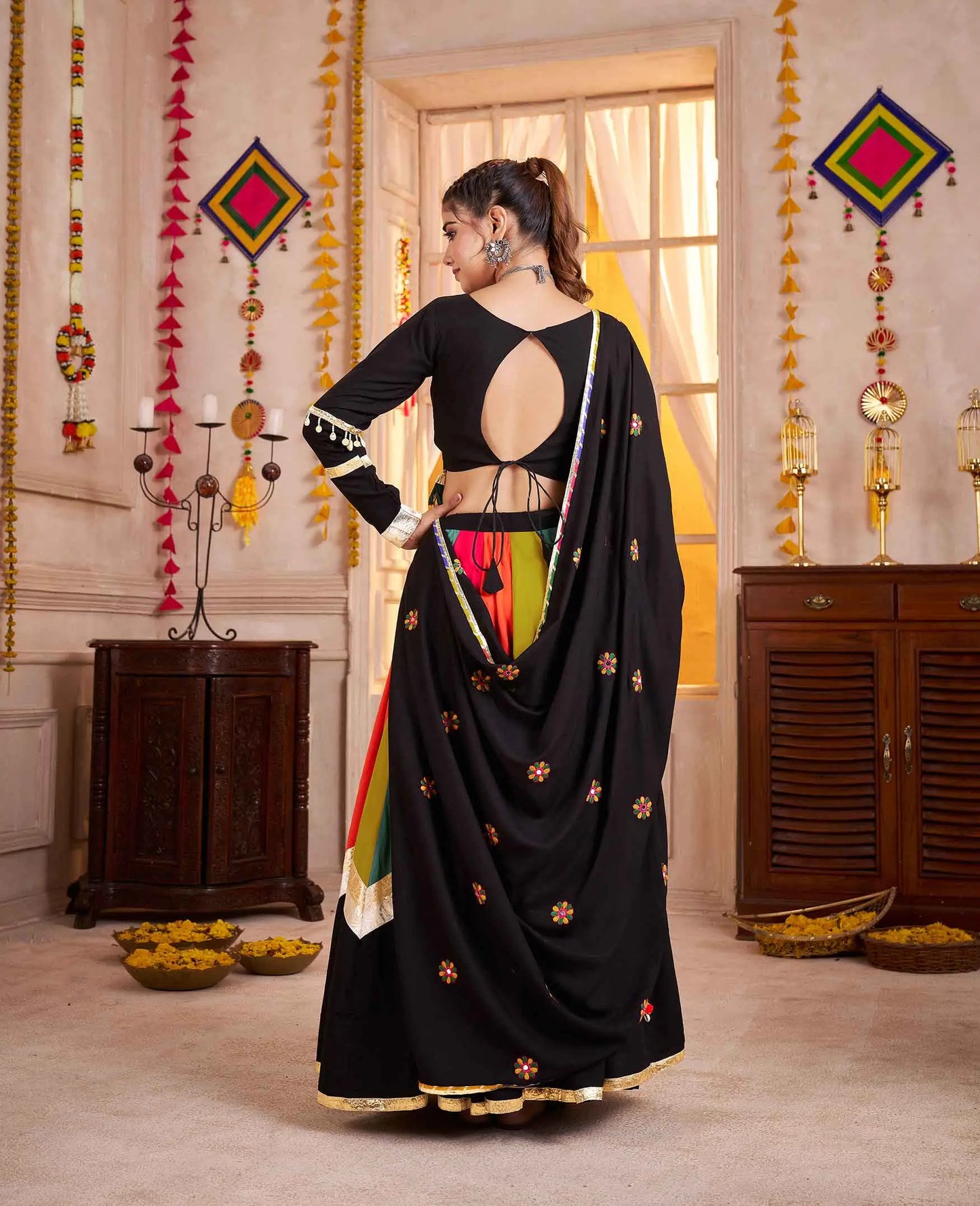 Black With Multi Color Thread Mirror Work Lehenga Choli For Navratri