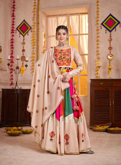 Beige With Multi Color Thread Mirror Work Lehenga Choli For Navratri