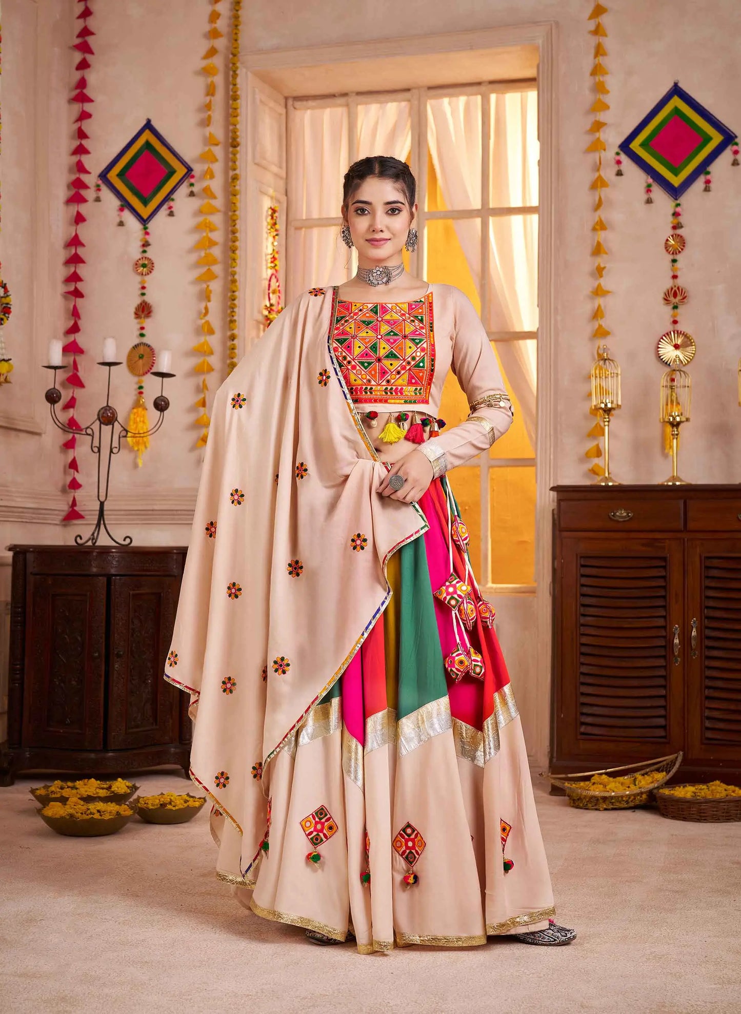 Beige With Multi Color Thread Mirror Work Lehenga Choli For Navratri