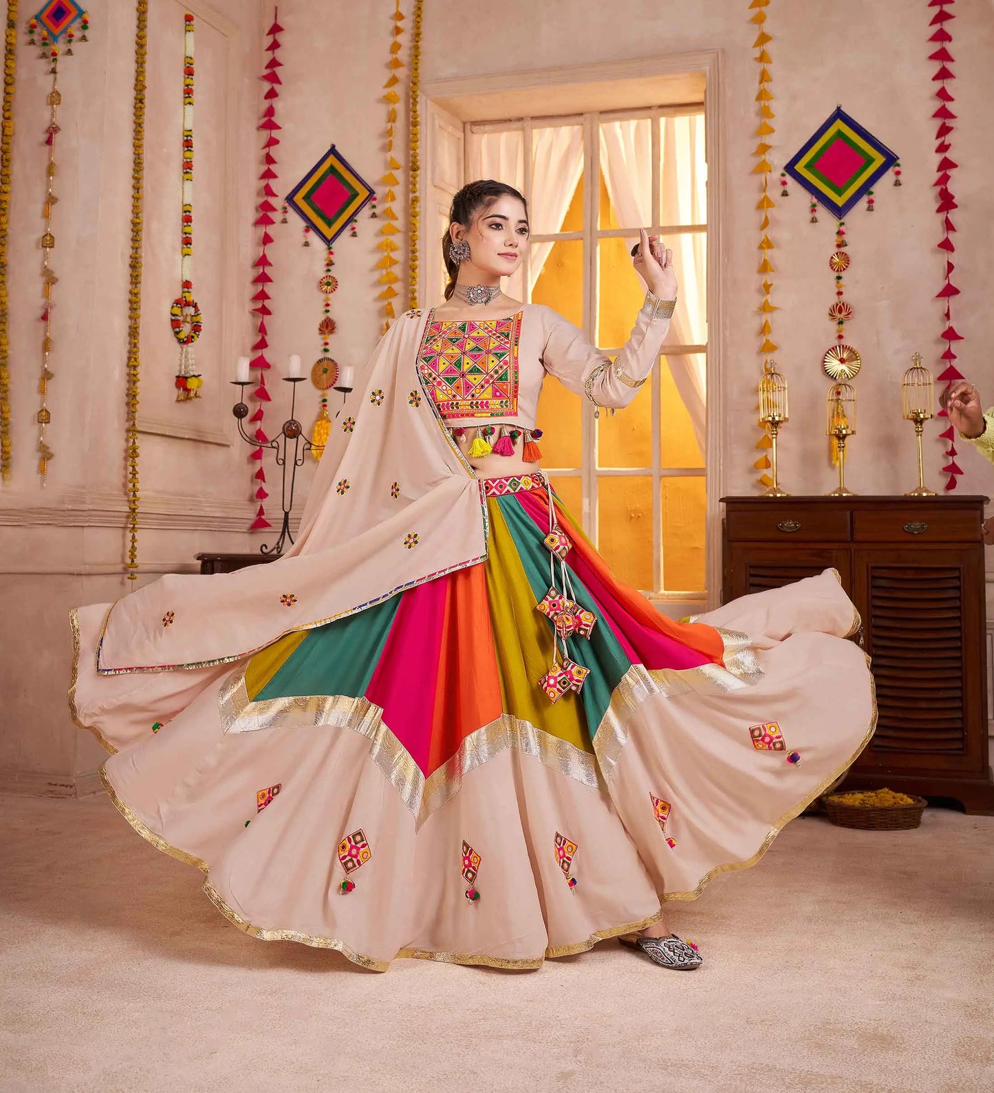 Beige With Multi Color Thread Mirror Work Lehenga Choli For Navratri