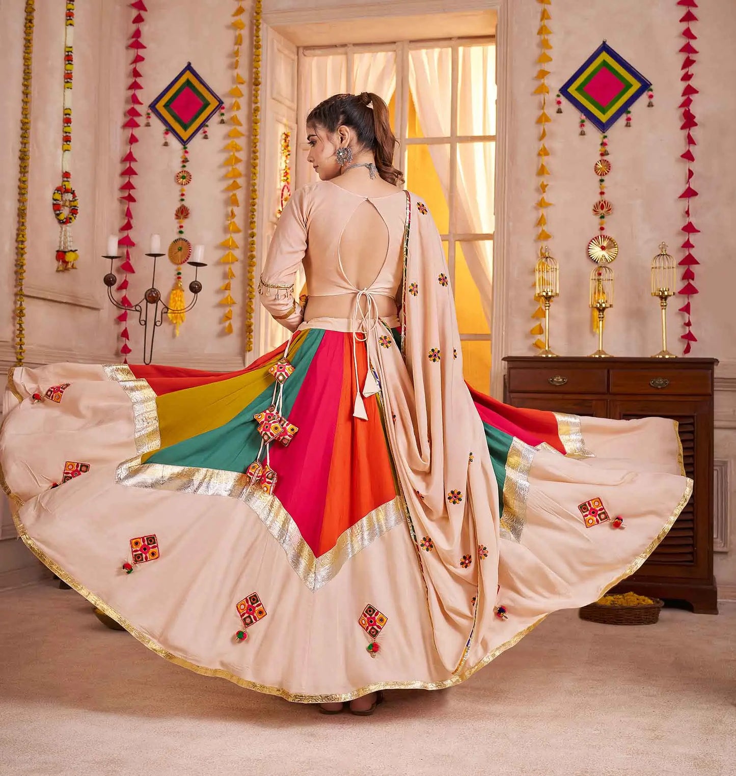 Beige With Multi Color Thread Mirror Work Lehenga Choli For Navratri