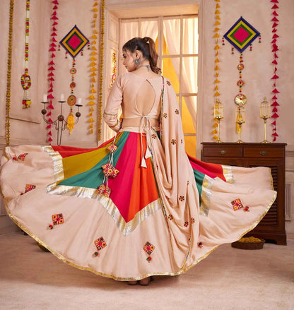 Beige With Multi Color Thread Mirror Work Lehenga Choli For Navratri