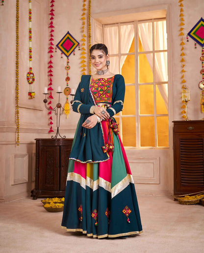 Teal Blue With Multi Color Thread Mirror Work Lehenga Choli For Navratri