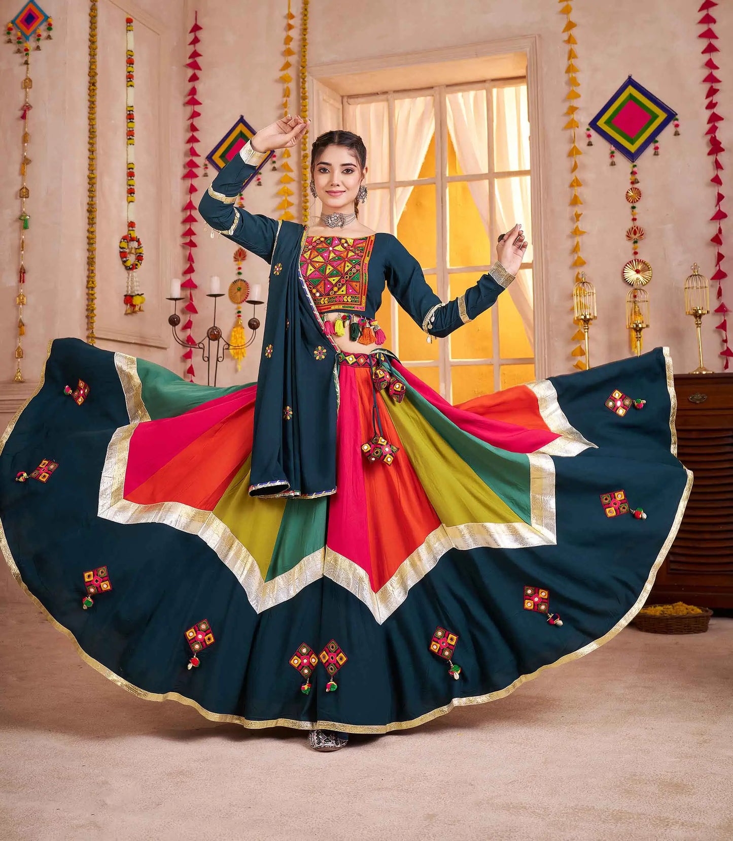 Teal Blue With Multi Color Thread Mirror Work Lehenga Choli For Navratri