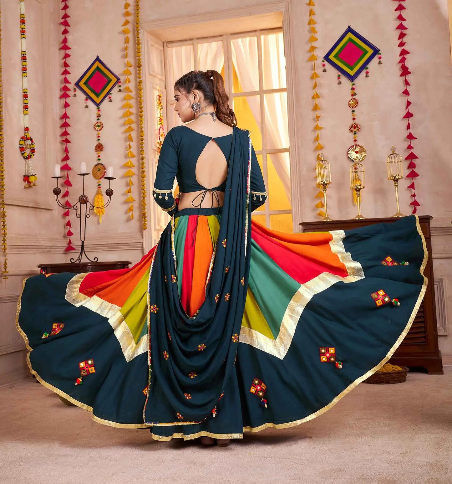 Teal Blue With Multi Color Thread Mirror Work Lehenga Choli For Navratri