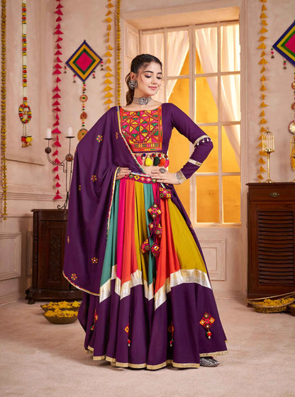 Purple With Multi Color Thread Mirror Work Lehenga Choli For Navratri
