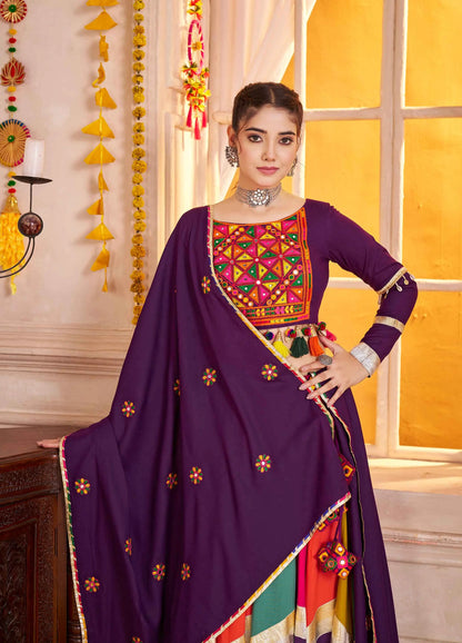 Purple With Multi Color Thread Mirror Work Lehenga Choli For Navratri