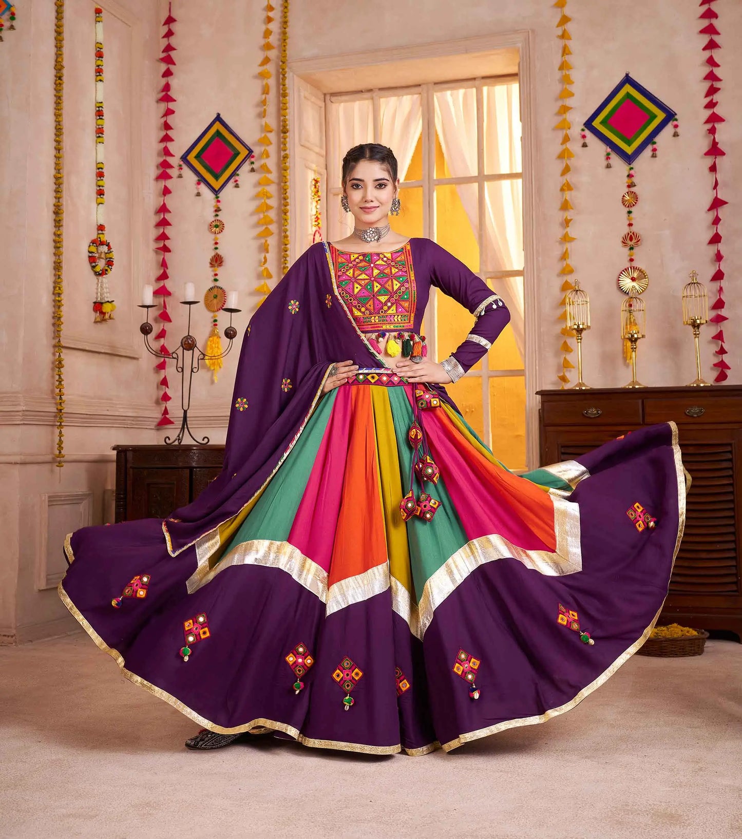 Purple With Multi Color Thread Mirror Work Lehenga Choli For Navratri