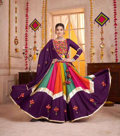 Purple With Multi Color Thread Mirror Work Lehenga Choli For Navratri