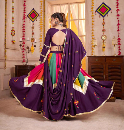 Purple With Multi Color Thread Mirror Work Lehenga Choli For Navratri