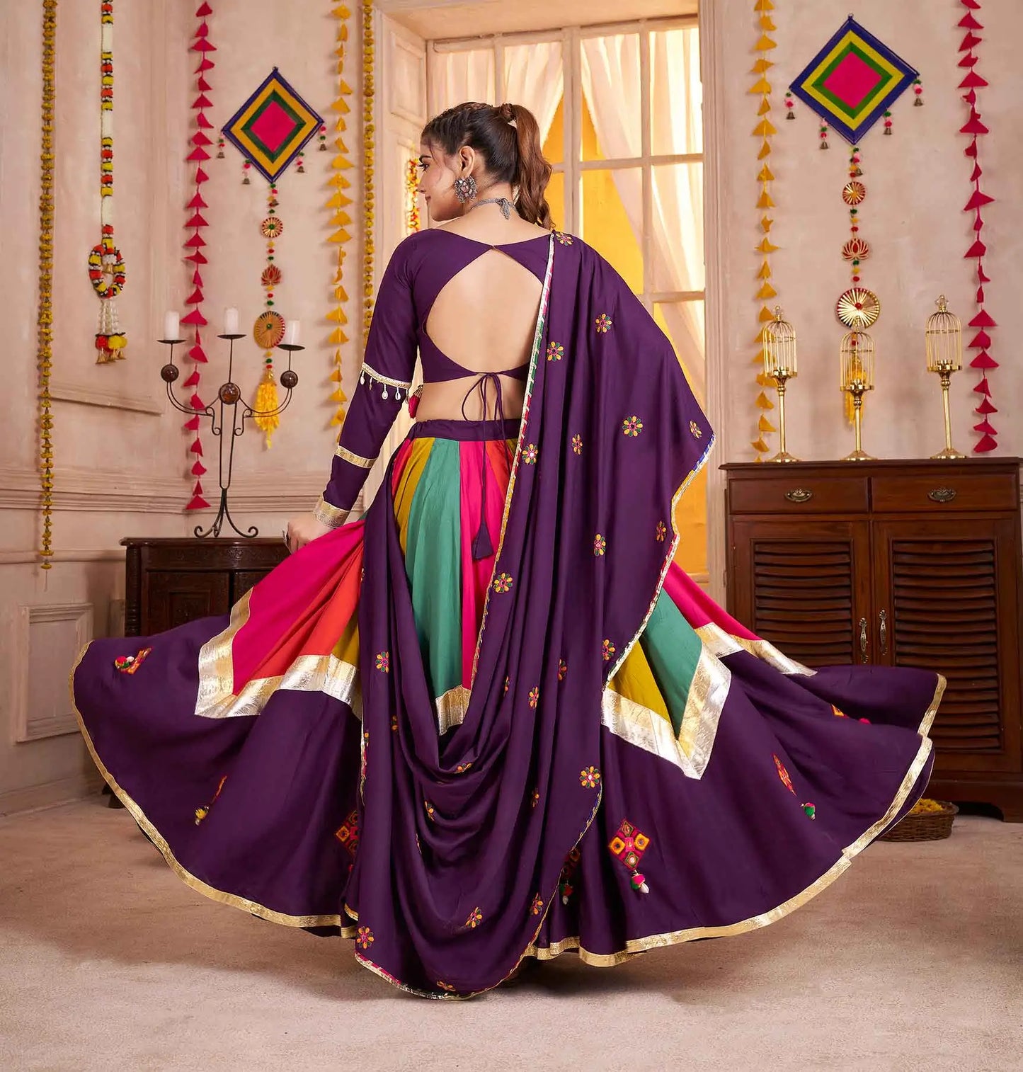Purple With Multi Color Thread Mirror Work Lehenga Choli For Navratri