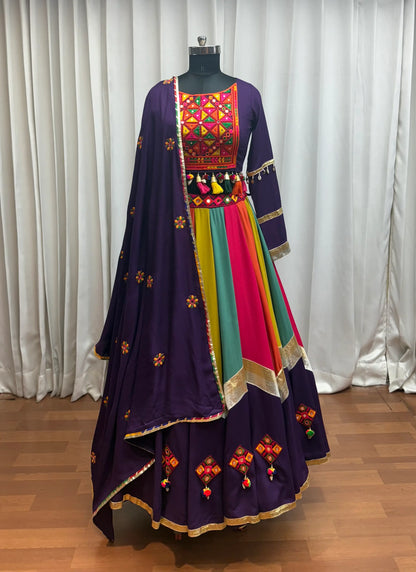 Purple With Multi Color Thread Mirror Work Lehenga Choli For Navratri