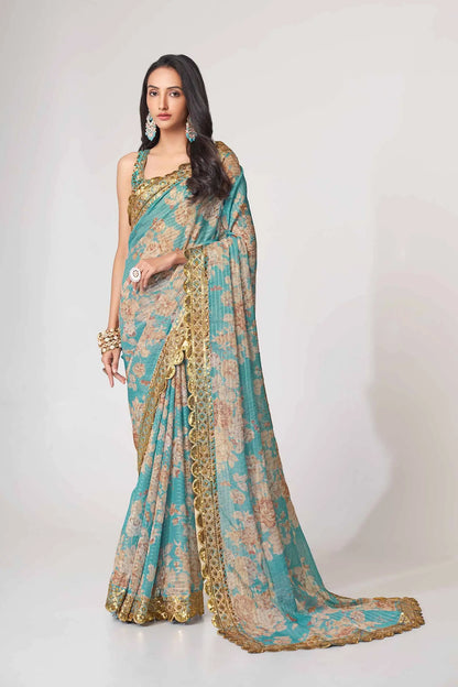 Sky Blue Floral Print Organza Saree With Sequins Work