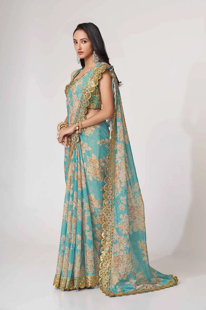 Sky Blue Floral Print Organza Saree With Sequins Work