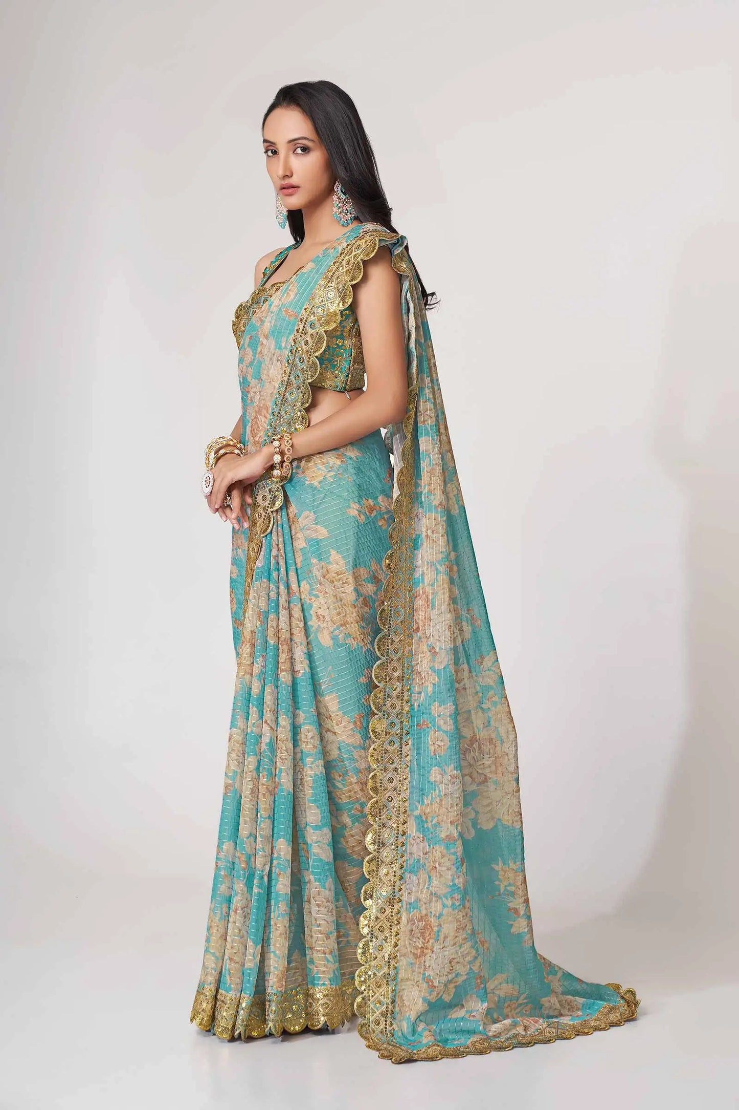 Sky Blue Floral Print Organza Saree With Sequins Work