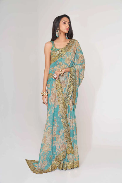 Sky Blue Floral Print Organza Saree With Sequins Work