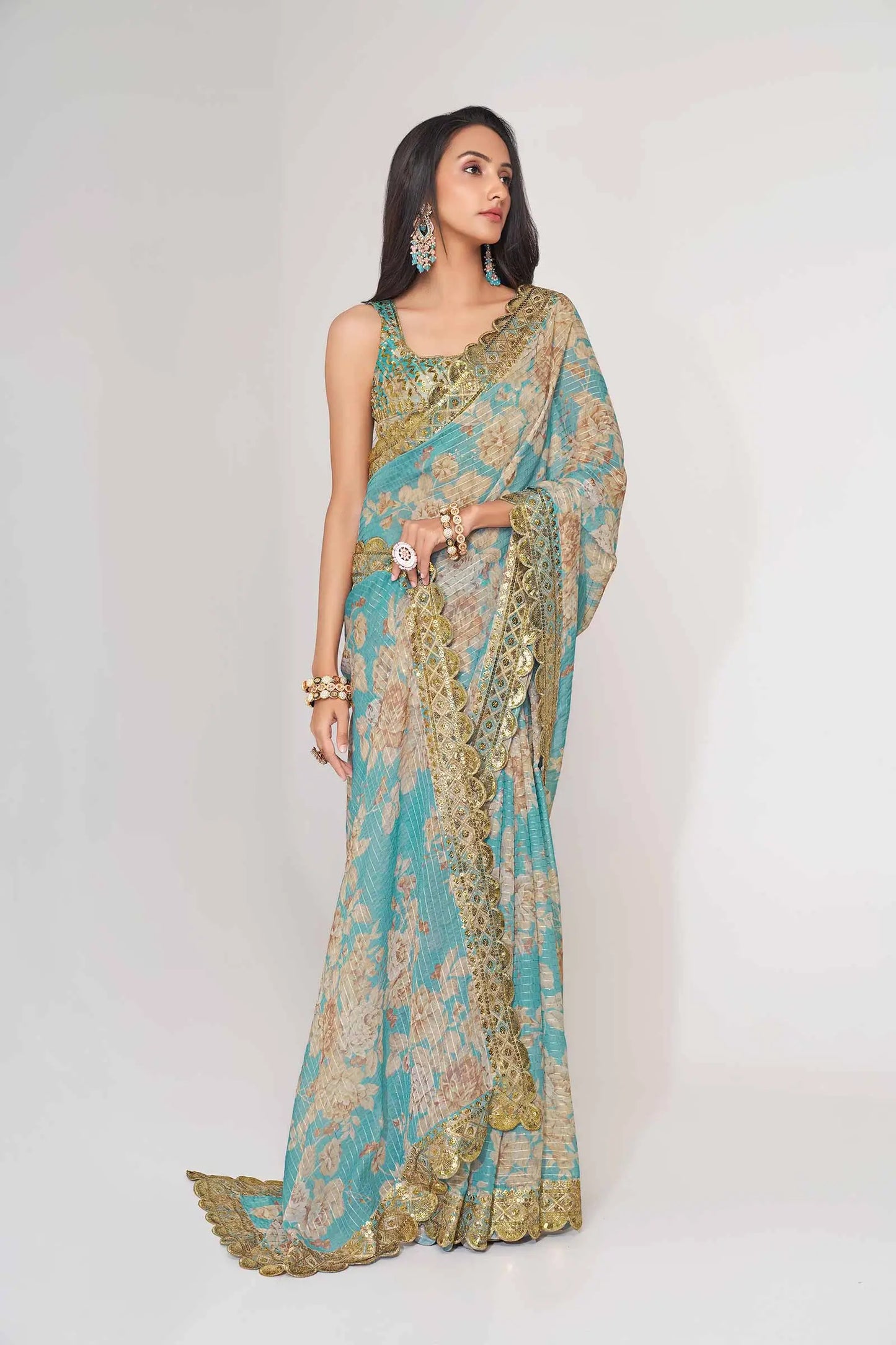 Sky Blue Floral Print Organza Saree With Sequins Work