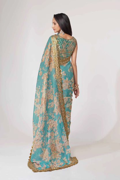 Sky Blue Floral Print Organza Saree With Sequins Work