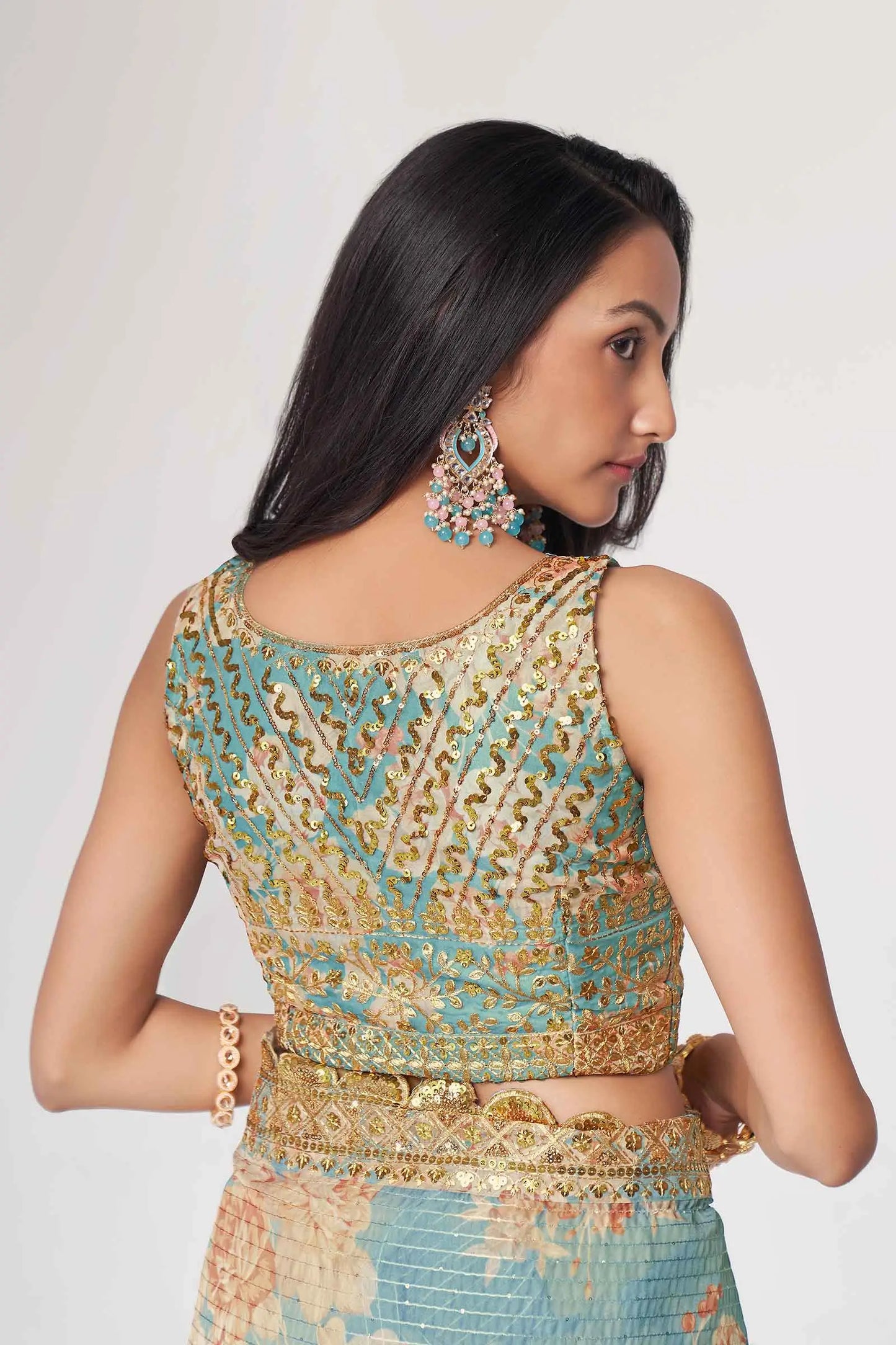 Sky Blue Floral Print Organza Saree With Sequins Work