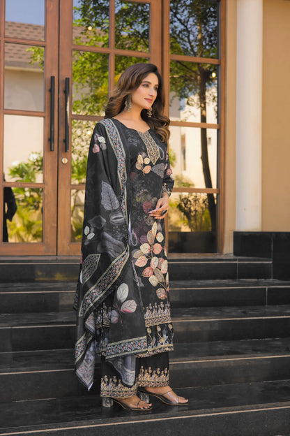 Black Chinon Handwork & Printed Salwar Suit