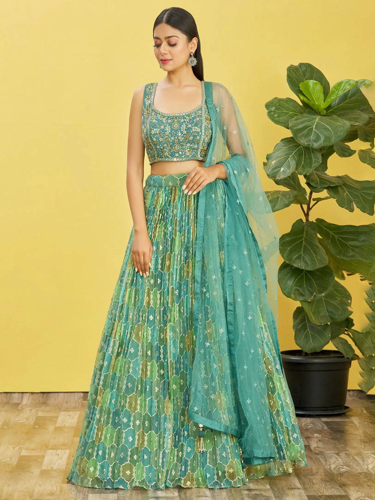 Pistachio Green Mirror Work Lehenga Choli with Net Dupatta