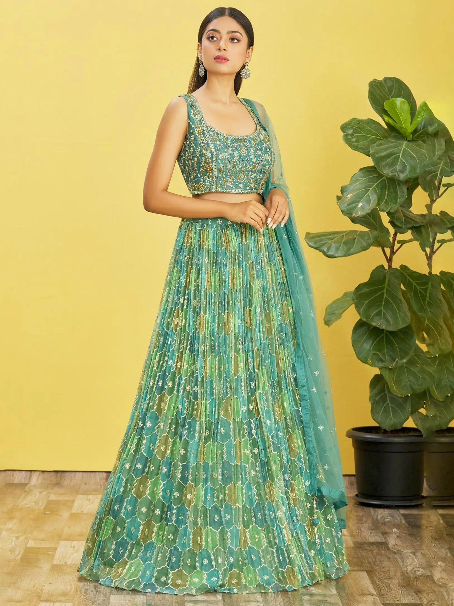 Pistachio Green Mirror Work Lehenga Choli with Net Dupatta