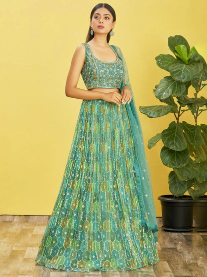 Pistachio Green Mirror Work Lehenga Choli with Net Dupatta
