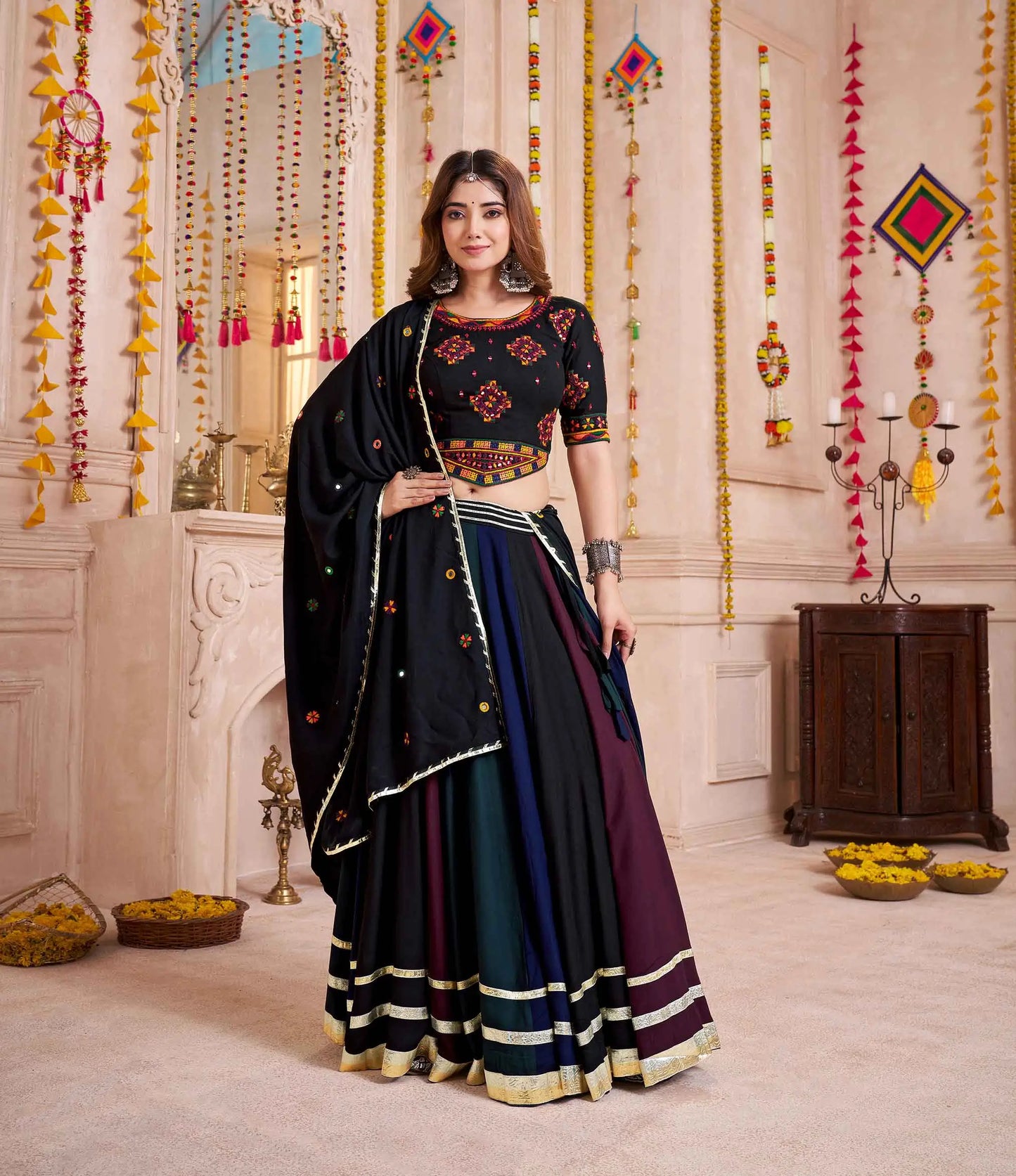 Black With Multi Color Lehenga With Thread And Mirror Work Choli For Navratri