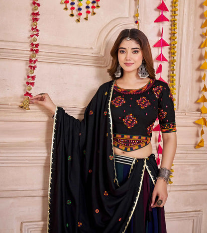 Black With Multi Color Lehenga With Thread And Mirror Work Choli For Navratri