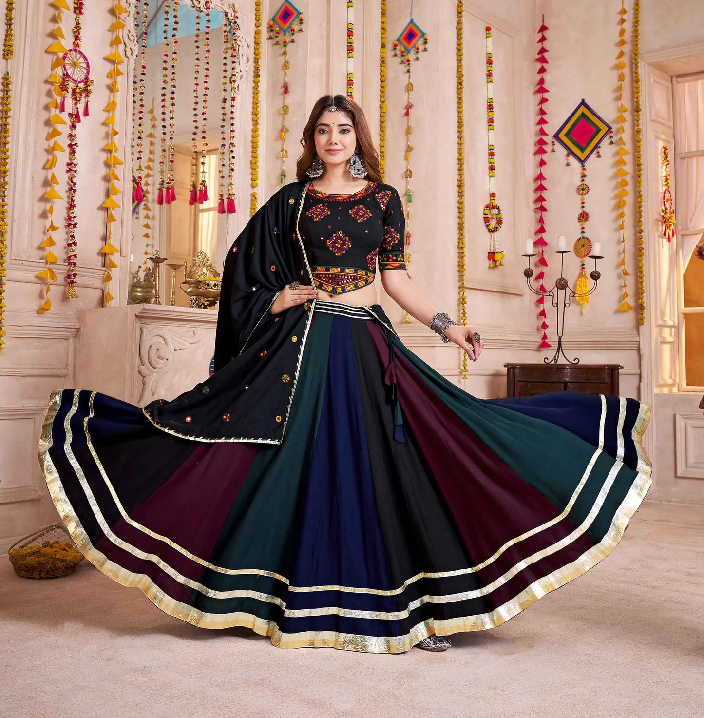 Black With Multi Color Lehenga With Thread And Mirror Work Choli For Navratri