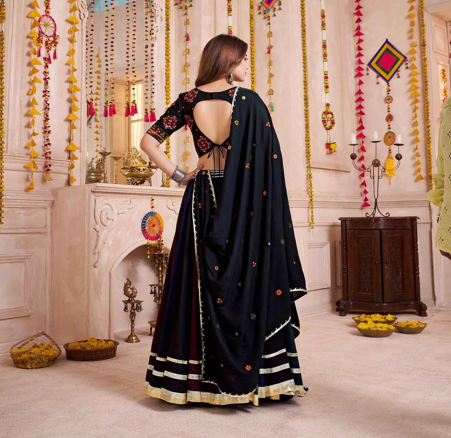 Black With Multi Color Lehenga With Thread And Mirror Work Choli For Navratri