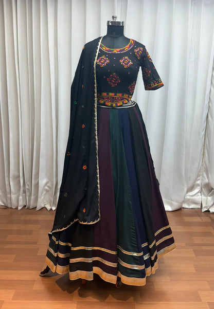Black With Multi Color Lehenga With Thread And Mirror Work Choli For Navratri