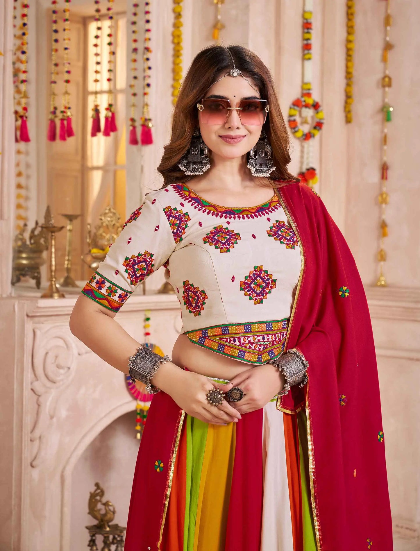 White With Multi Color Navratri Lehenga With Thread And Mirror Work Choli