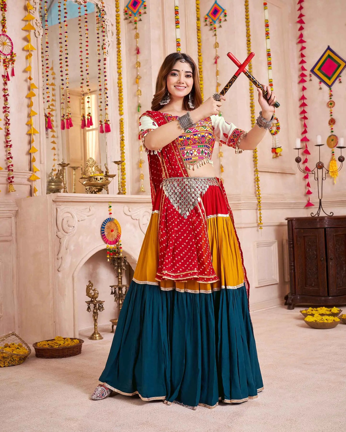 Multi Color Lehenga With Thread And Mirror Kodi Work Choli For Navratri