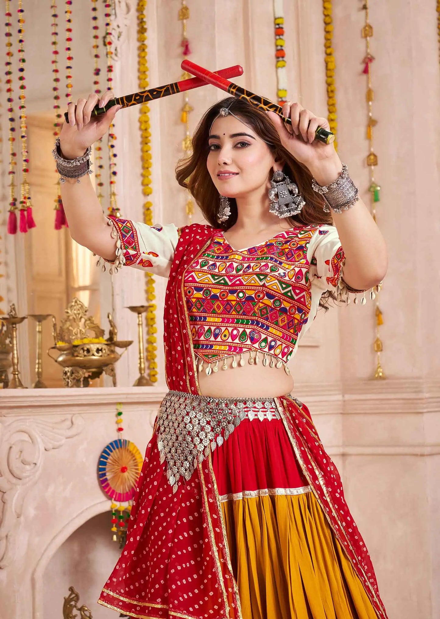 Multi Color Lehenga With Thread And Mirror Kodi Work Choli For Navratri