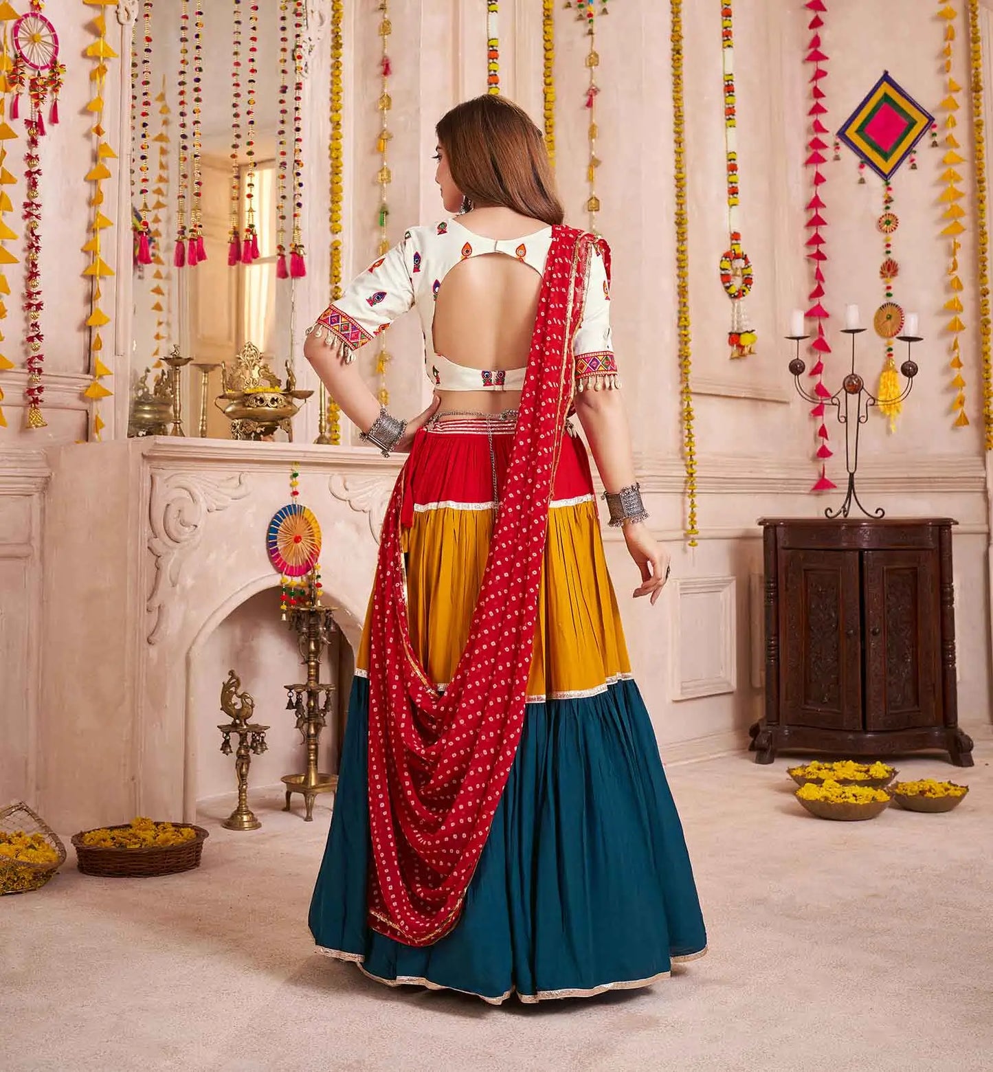 Multi Color Lehenga With Thread And Mirror Kodi Work Choli For Navratri